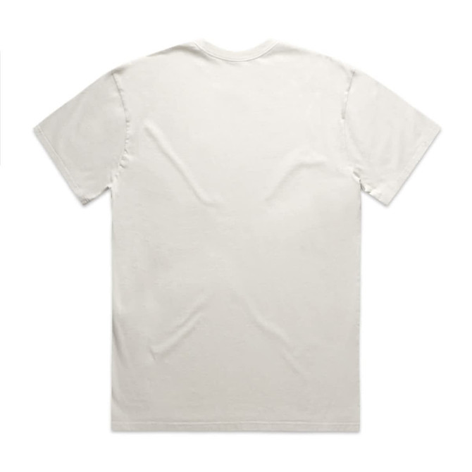 A plain white T-shirt with short sleeves, featuring a simple design and a logo on the back.