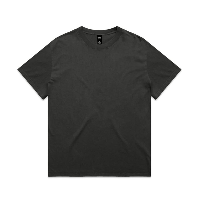 A black heavy faded tee with a round neckline and short sleeves, featuring a label tag inside.