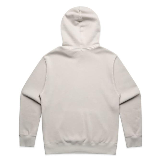 A faded grey hoodie with a large hood and long sleeves, featuring a minimalist design and a logo.