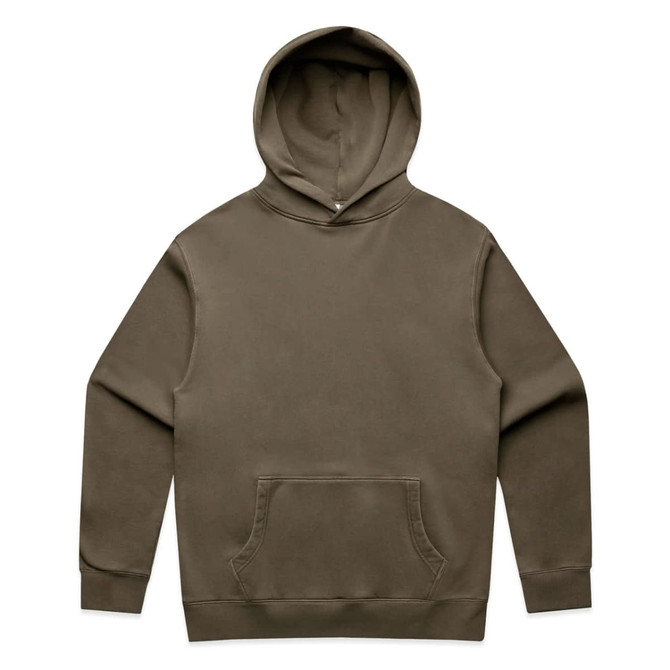 A faded olive green hoodie with a front pocket and an attached hood, featuring a logo on the design.