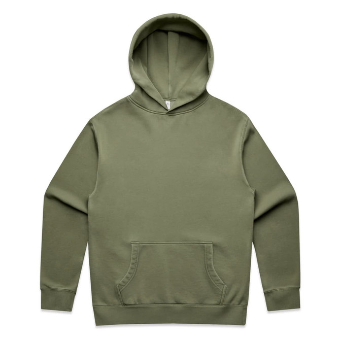 An olive green hoodie featuring a front pocket and a hood, with a branding logo on the label.
