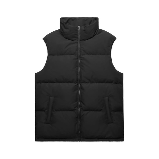 A black puffer vest with a high collar and two side pockets, featuring a front zipper and no sleeves.