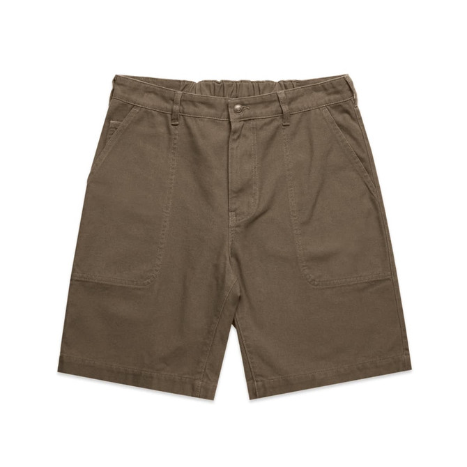 Canvas shorts in a khaki colour, featuring a classic cargo design with multiple pockets and an elastic waistband.