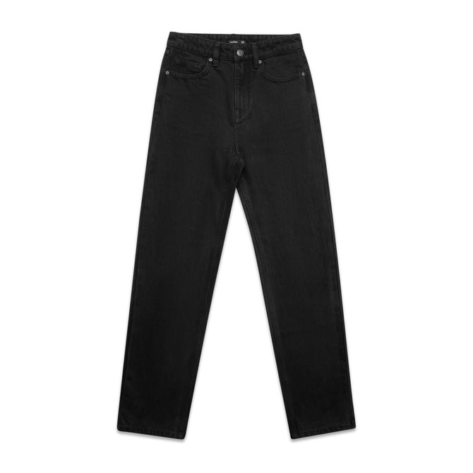 Black straight jeans featuring a classic design and five-pocket styling. The jeans also have a logo on the waistband.