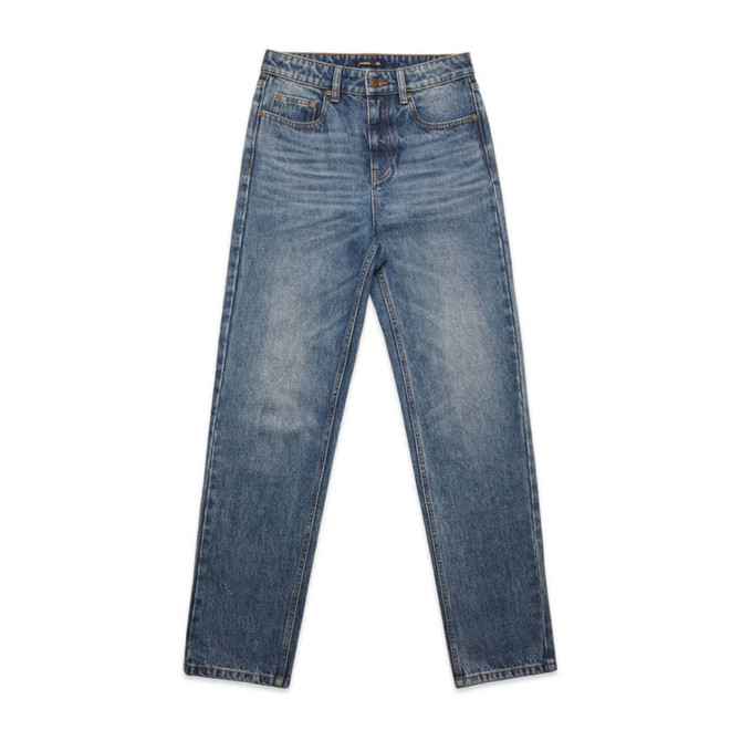 Straight jeans in a faded blue wash with five pockets and a metal button closure. Features logo branding.