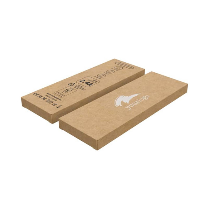 A rectangular recycled kraft tuck box in brown, featuring a logo, measures 170 x 58 x 12 mm.
