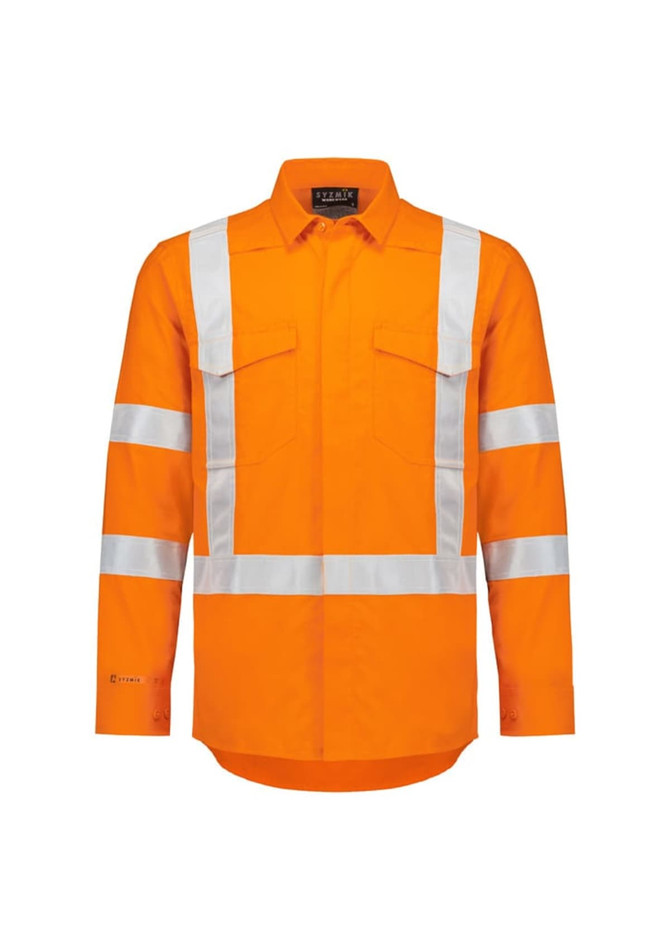 A long-sleeved work shirt in bright orange with reflective tape across the chest and arms, featuring two front pockets and a logo.