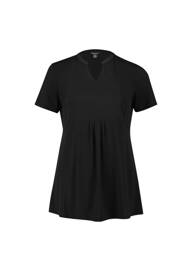 A black women's tunic with short sleeves and a V-neck design, featuring a flared silhouette. It has a logo on it.