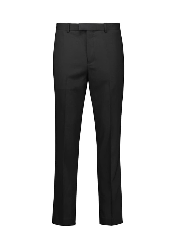 A pair of black slim fit flat front pants, designed for men's formal wear. Features a waistband and clean lines. A pair of black slim fit flat front pants, designed for men's formal wear. Features a waistband and clean lines.