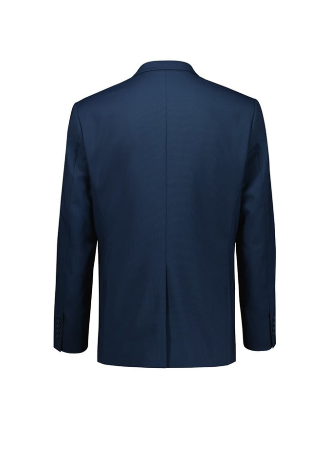 A navy blue men's jacket featuring a single vent and buttoned sleeves, with a simple logo on the back.