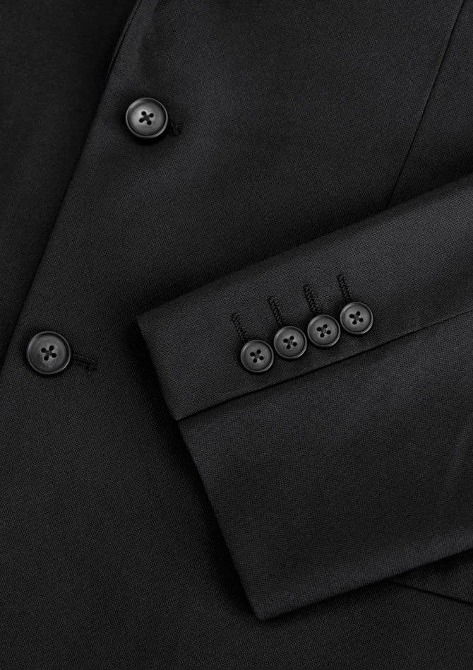 A black men's jacket featuring a sleek design and button detailing on the sleeve. It includes a logo.