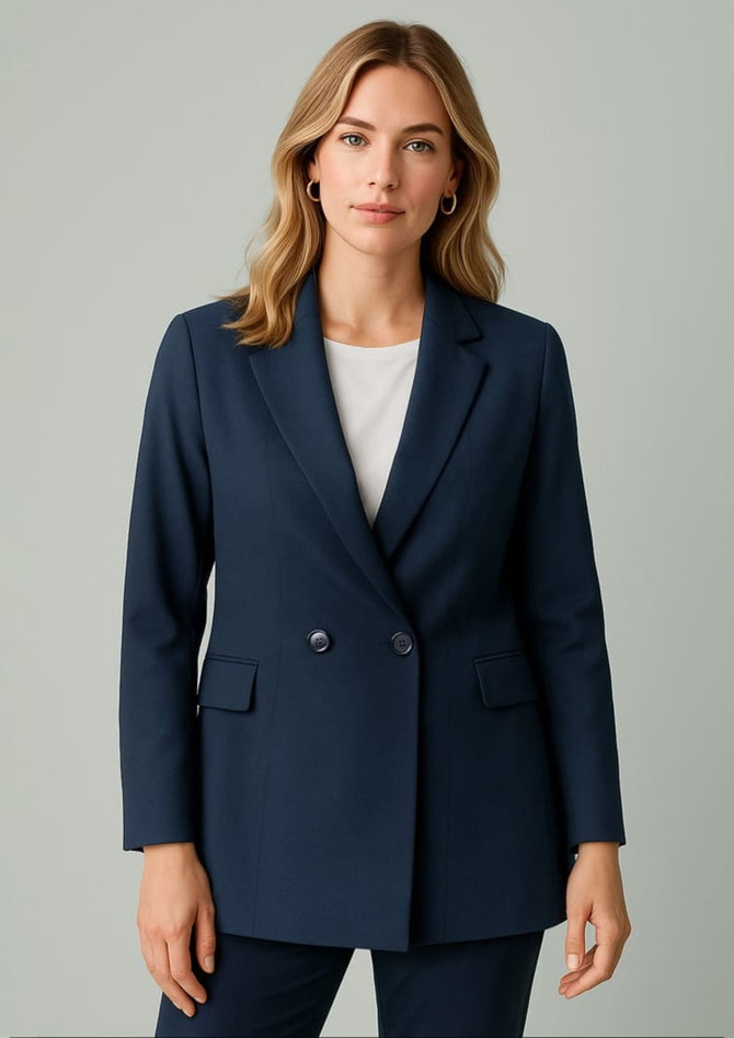A navy double-breasted longline jacket with a fitted silhouette and two buttons, featuring a logo on the label.