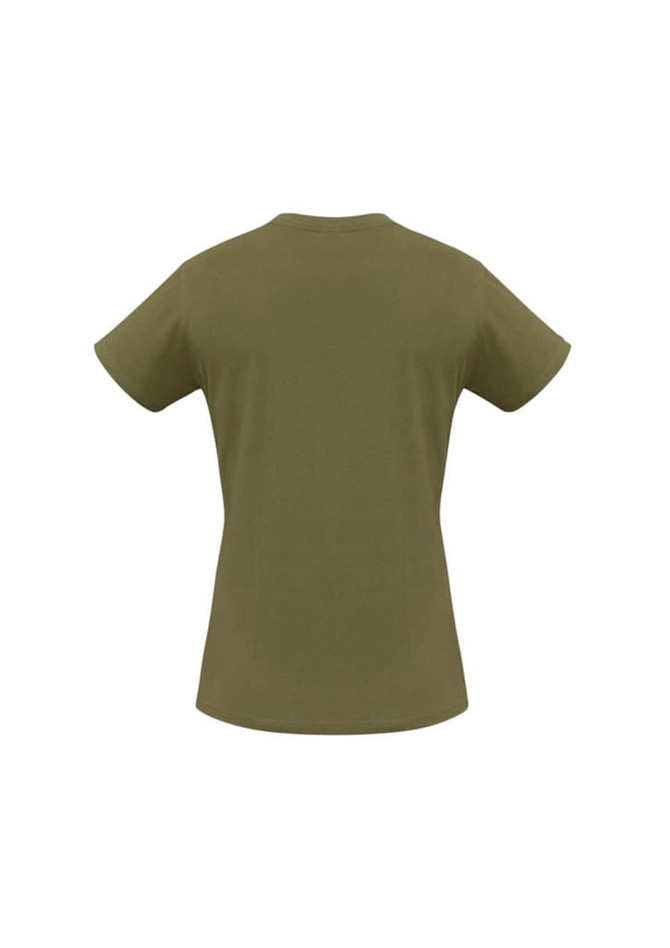 A back view of a women's short sleeve tee in olive green, featuring a simple design and a logo.