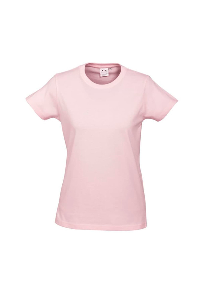 A pink short sleeve tee with a round neckline and a logo tag. Suitable for women's casual wear.