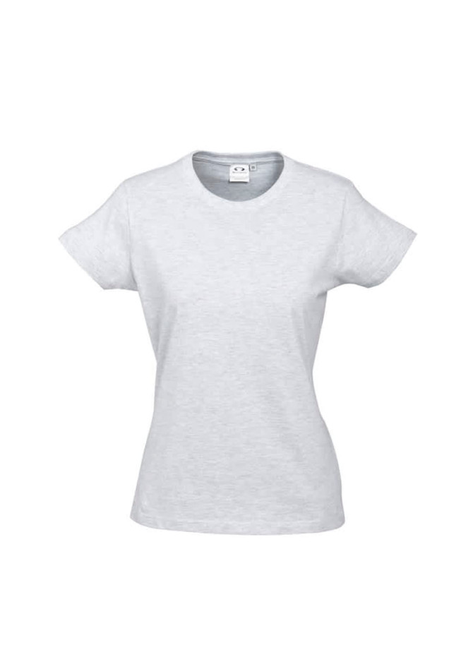 A light grey women's short sleeve tee with a fitted design and a logo on the label.