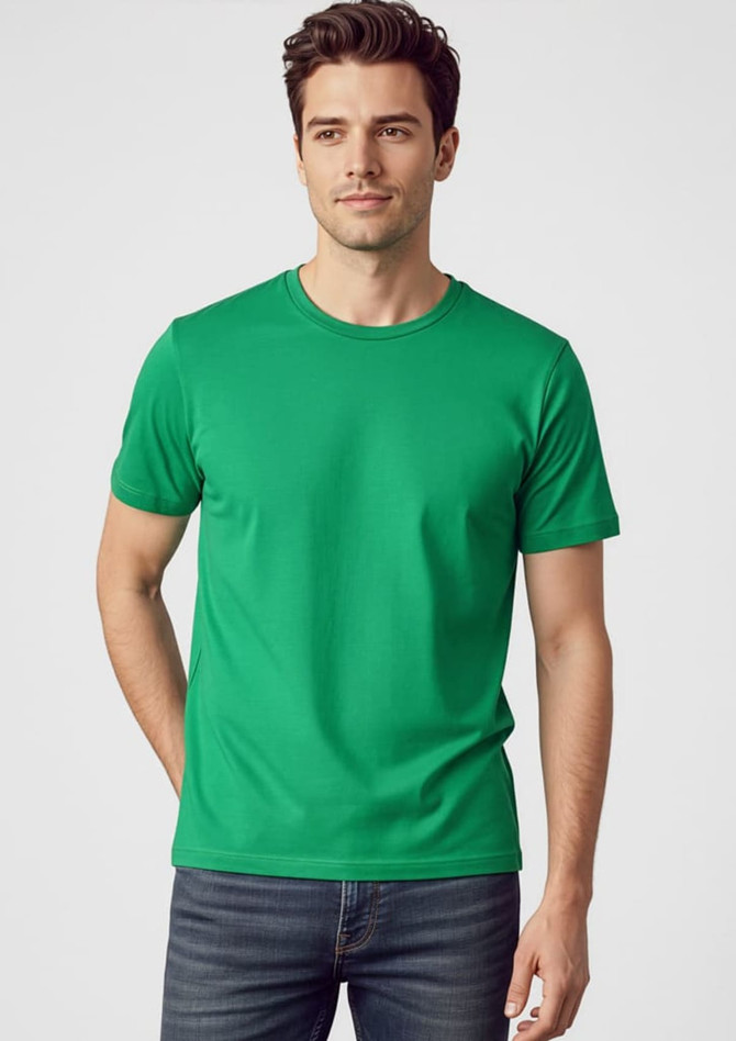 A green short sleeve tee shirt for men, featuring a classic crew neck design and a logo on it.