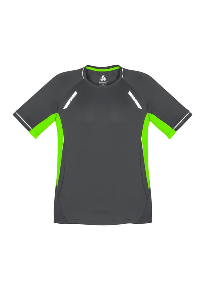A short sleeve tee in grey with bright green detailing and reflective accents, featuring a logo.