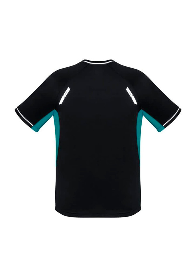 A black short sleeve tee with turquoise accents and reflective details on the shoulders, featuring a logo.