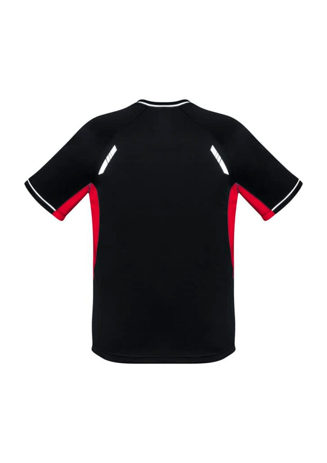 A short-sleeve tee in black with red accents and reflective details, featuring a logo on the design.