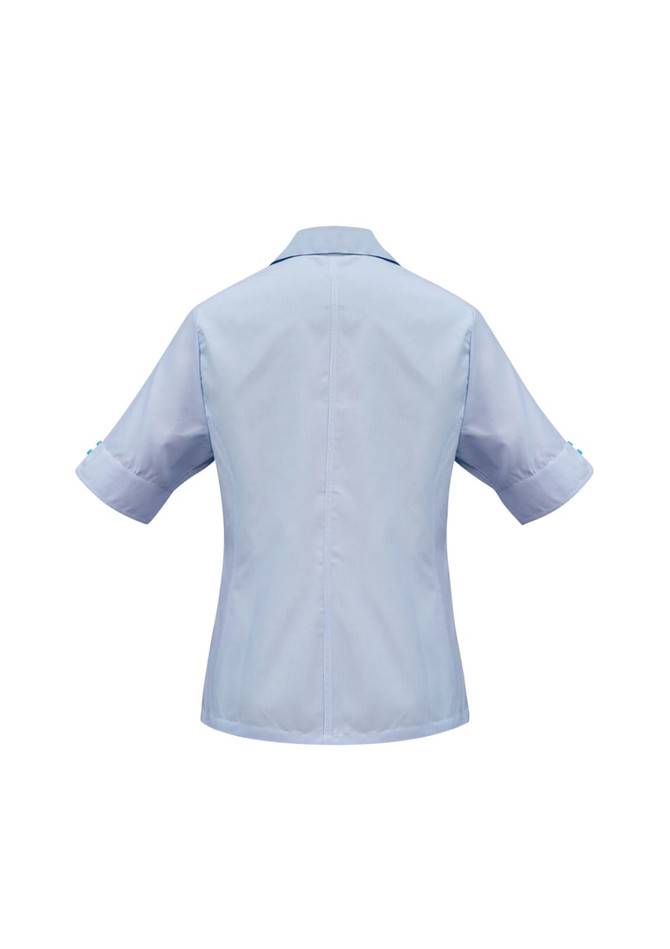 A light blue women's button-up shirt with short sleeves and a back view. Features a logo on the upper back.