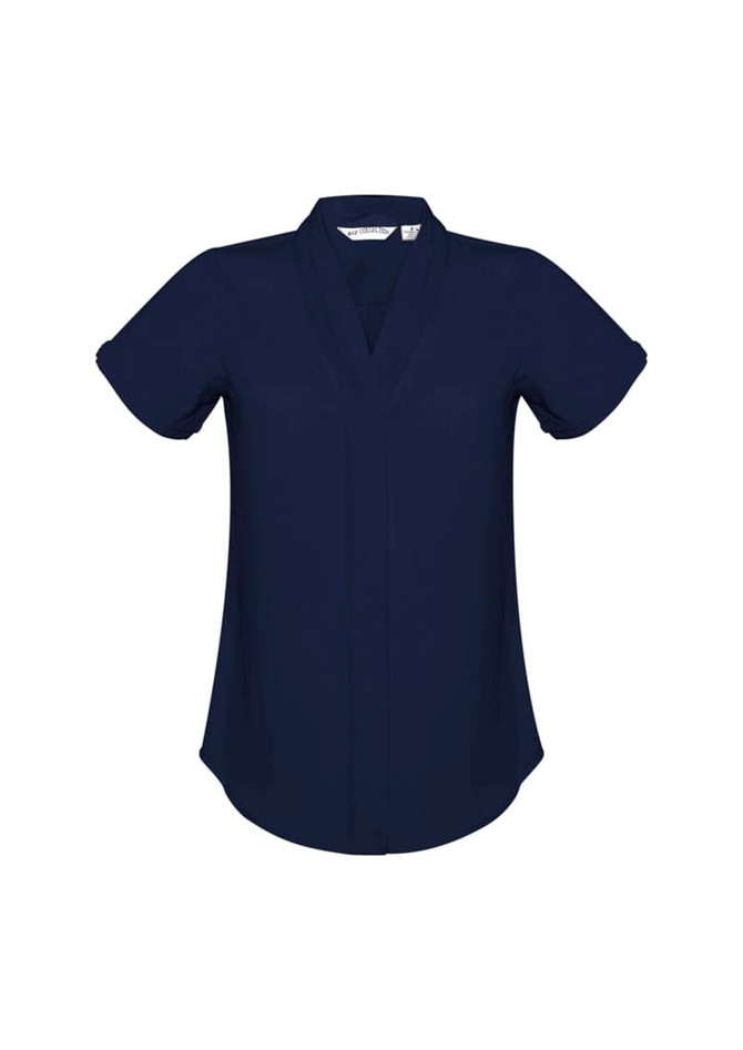A navy blue women's button-up shirt with short sleeves and a v-neck design. It features a logo.