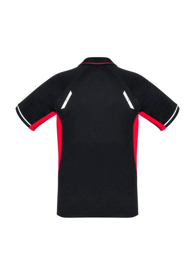 A black and red men's short sleeve polo shirt featuring a logo and reflective details on the back.