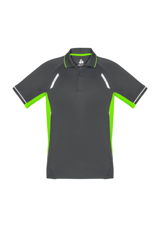 A short sleeve men's polo shirt in grey with bright green accents and detailing. It features a logo on the chest.