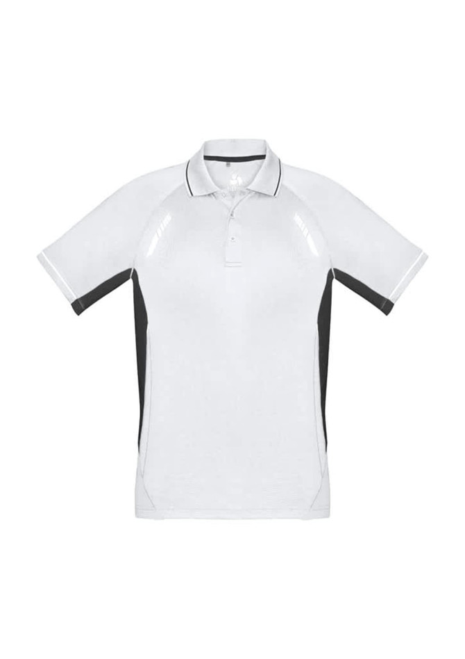 A short sleeve polo shirt in white with black side panels and a collar, featuring a logo.