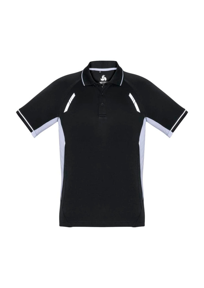 A black short sleeve polo shirt with grey side panels and a logo on the collar.