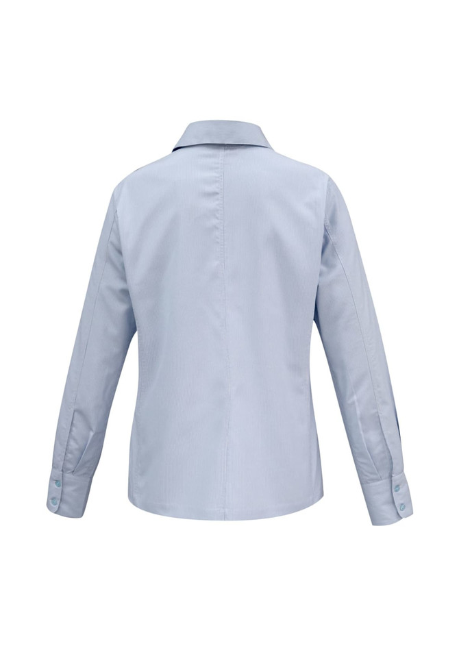 A light blue women's button-up long sleeve shirt with a collar and buttoned cuffs, featuring a branding logo.