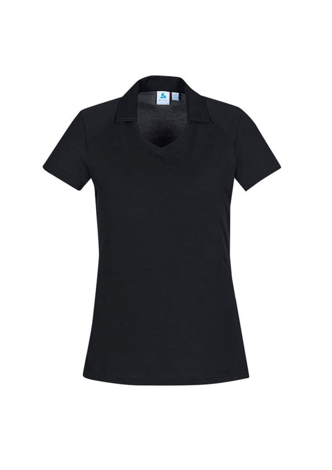 A women's short sleeve polo shirt in black, featuring a v-neck and a logo on the collar.