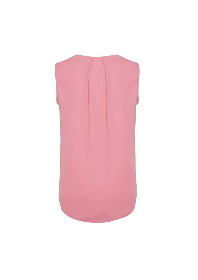 A pink sleeveless blouse featuring pleat details on the back, showcasing a simple and elegant design.