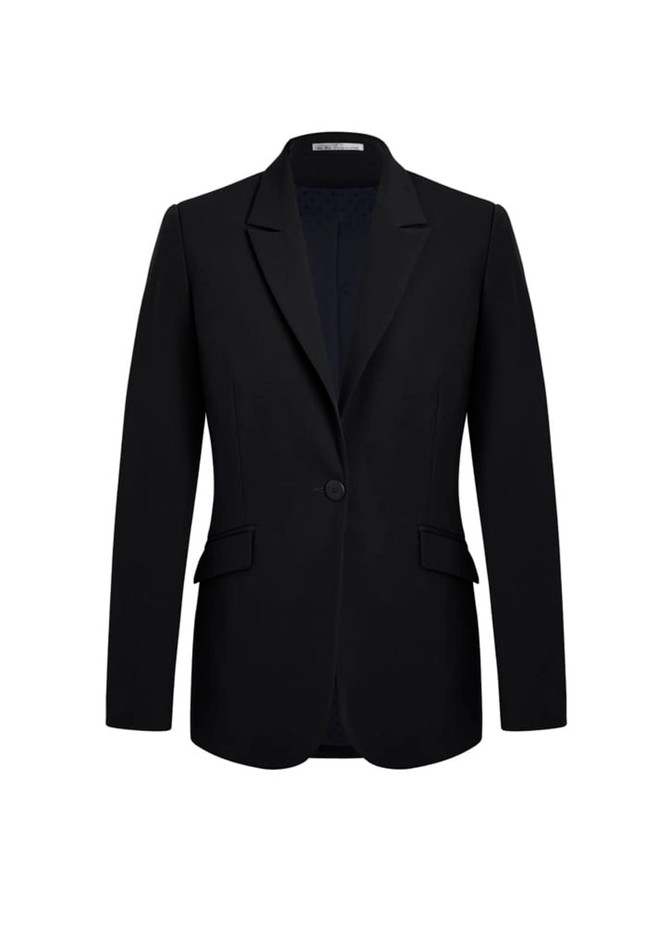 A black longline blazer with a single button and two front pockets. The jacket has a modern, tailored style.
