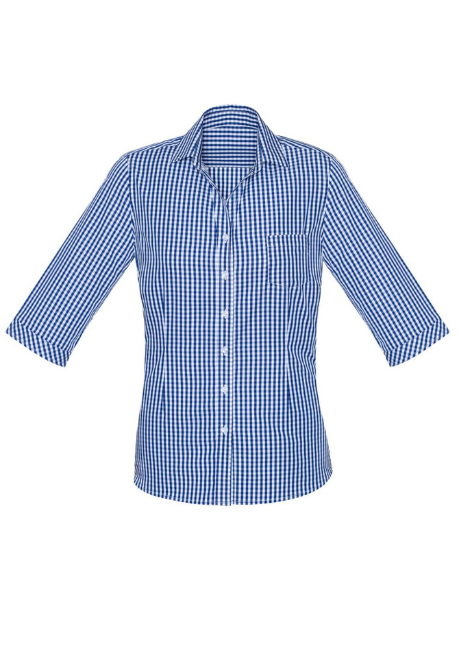 A blue and white checkered women's shirt with a 3/4 sleeve and a pocket on the left chest. It has a collar and buttons.
