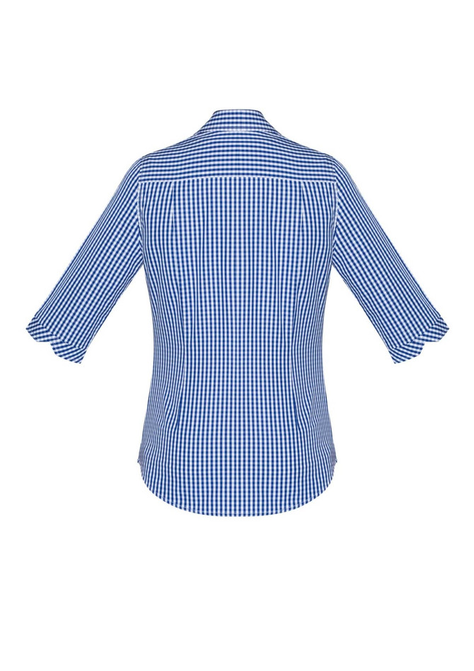 A blue and white checkered women's button-up shirt featuring 3/4 sleeves and a back yoke with a logo.