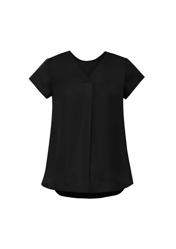 A women's black v-neck pleat blouse with short sleeves and a flowing design, featuring a subtle brand logo.