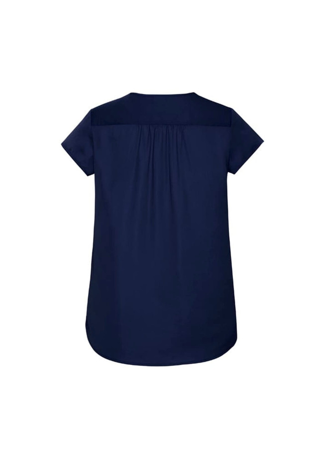 A women's navy blue V-neck pleat blouse with short sleeves and a pleated back detail. It features a branding logo.