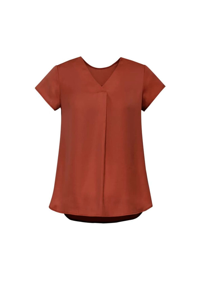 A women's rust V-neck pleat blouse with short sleeves and a relaxed fit, featuring a subtle pleat detail.