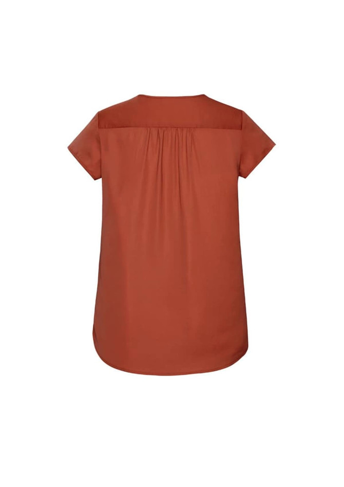 A brown Women's Kayla V-Neck Pleat Blouse with short sleeves and a pleated back detail.