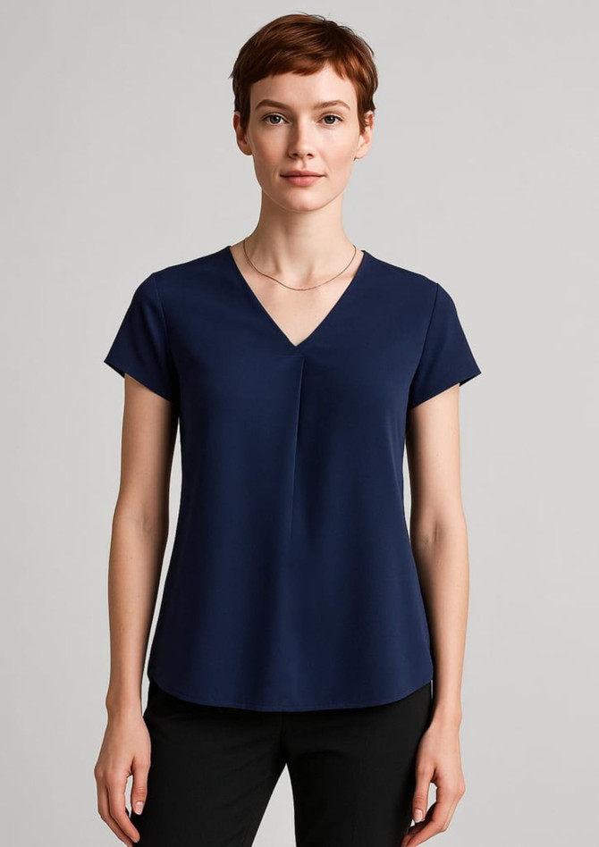 A navy blue women's pleat blouse featuring a V-neck design and short sleeves, with a smooth, flowing fit.