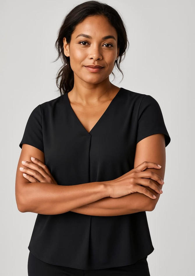 A black women's V-neck blouse with a pleat design, featuring short sleeves and a relaxed fit.