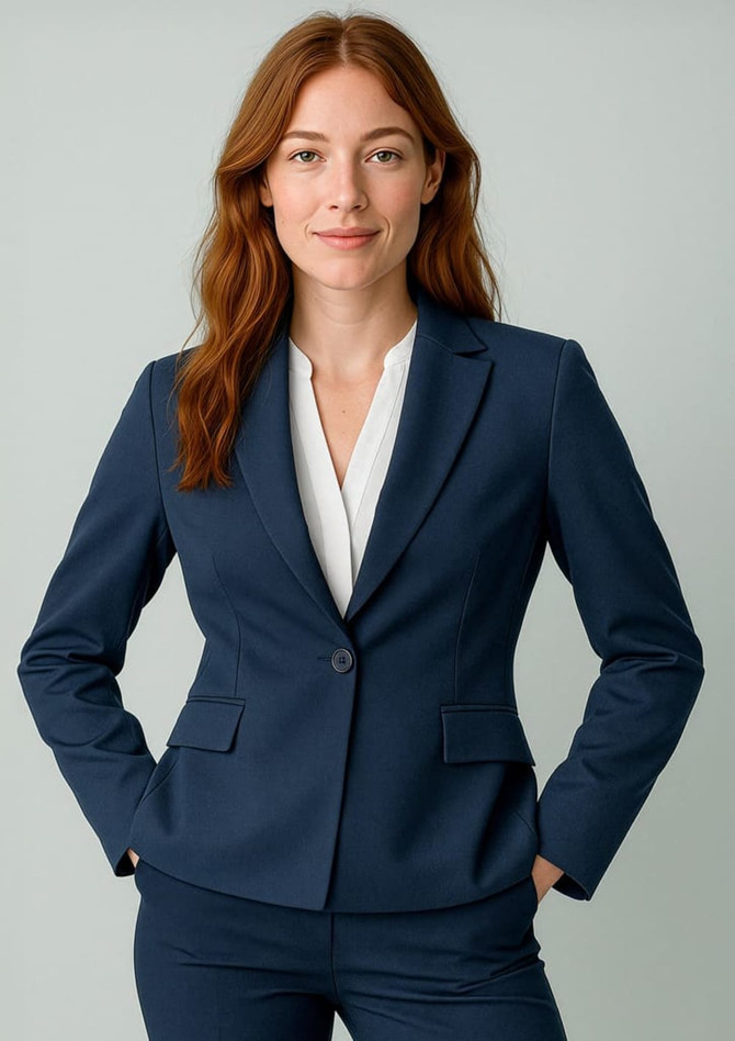 A woman models a navy blue mid-length blazer with a single button, featuring a tailored fit and two pockets.