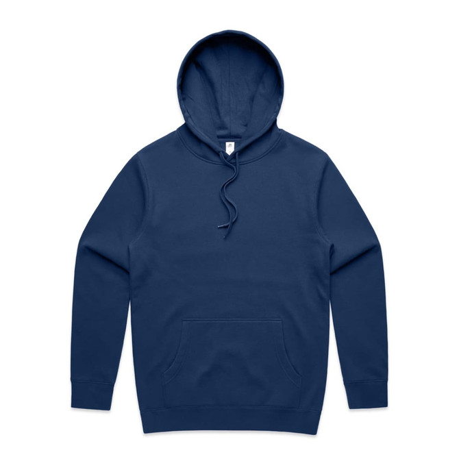 A navy blue hoodie with a front pocket and a hood, featuring a logo on the inside label.
