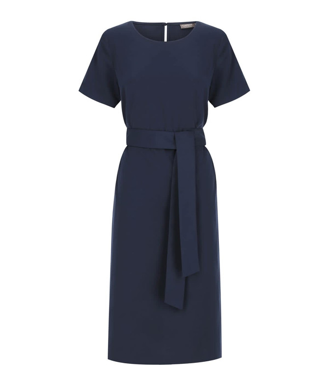 A navy twill dress featuring short sleeves and a belted waist, designed for a stylish look.