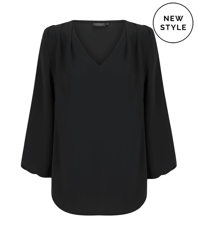 A black v-neck popover shirt with three-quarter sleeves, featuring pleats and a logo.