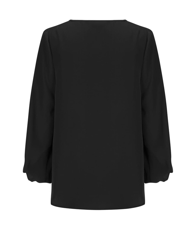 A black V-neck popover shirt with a loose fit and long sleeves. The back view is displayed, showcasing its simple design.