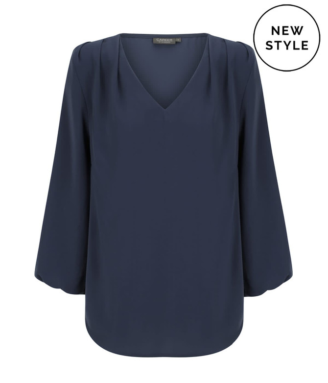 A navy blue V-neck popover shirt with long sleeves and pleated detailing. It features a logo in the corner.