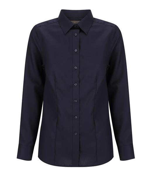 A Navy button-up shirt for women, featuring a classic collar and long sleeves. The shirt has a branding logo.