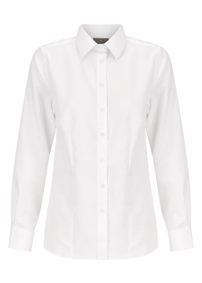 A white button-up shirt for women, featuring a classic collar and long sleeves. The shirt has a branding logo.