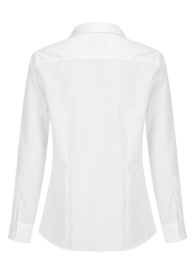 A white button-up women's shirt with long sleeves and a collar, featuring a logo on the back.